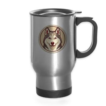 Husky Portrait Circular Patch - 14 oz Travel Mug with Handle - silver - Front
