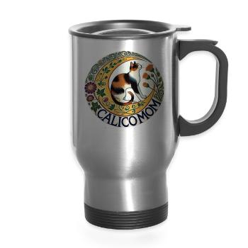 Calico Moon Cat Floral Crest - 14 oz Travel Mug with Handle - silver - Front