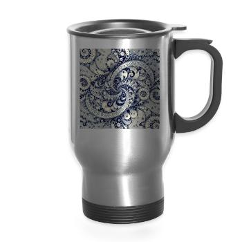Blue Paisley Fractal Swirl  - 14 oz Travel Mug with Handle - silver - Front