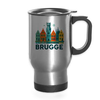 Brugge Colorful Gabled Skyline - 14 oz Travel Mug with Handle - silver - Front