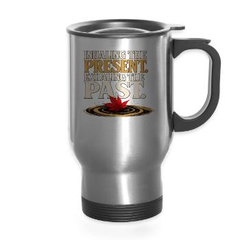 Inhale Present Exhale Past - Zen Leaf Gym Gift - 14 oz Travel Mug with Handle - silver - Front
