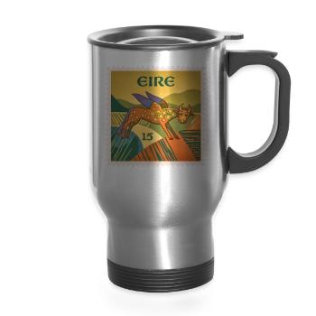Vintage Eire Irish Winged Bull Postage Stamp Art - 14 oz Travel Mug with Handle - silver - Front