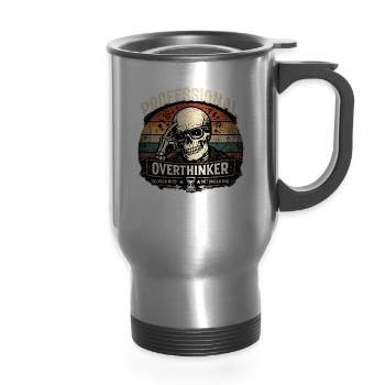 Professional Overthinker Skull Retro Badge - 14 oz Travel Mug with Handle - silver - Front