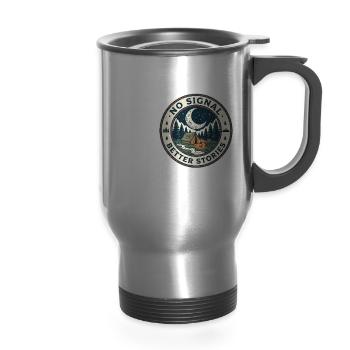 No Signal Better Stories - Camping Vintage Badge  - 14 oz Travel Mug with Handle - silver - Front