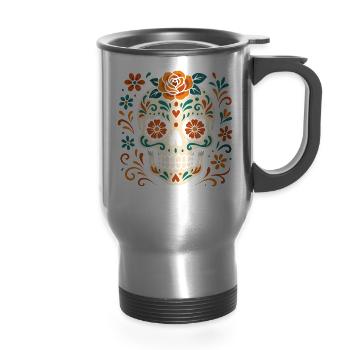 Elegant Day of the Dead Skull Ceramic Design - 14 oz Travel Mug with Handle - silver - Front