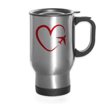 Love heart airplane travel gift - 14 oz Travel Mug with Handle - silver - Front