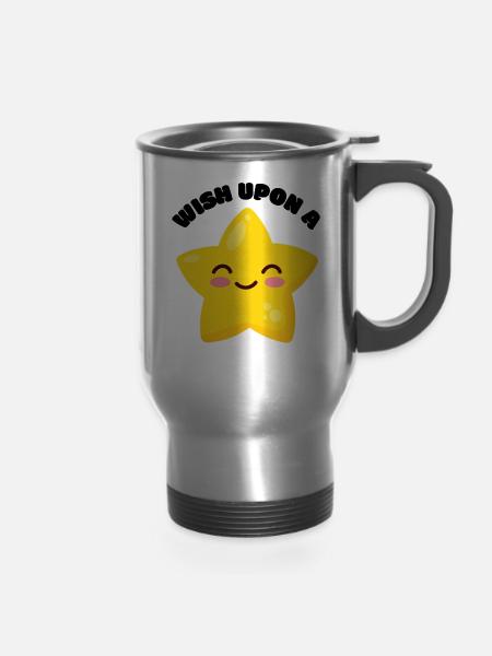 Cute Smiling Star Design for Kids - 14 oz Travel Mug with Handle - silver