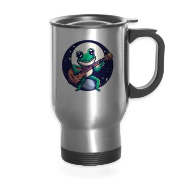 Moonlight frog with guitar - 14 oz Travel Mug with Handle - silver - Front