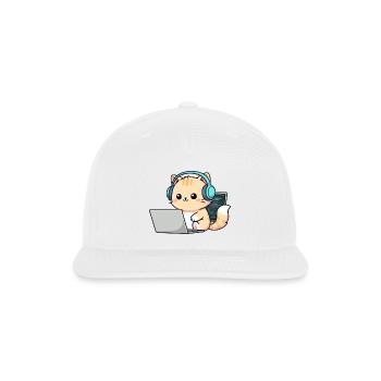 Cute Orange Tabby with Headphones and Laptop - Snapback Baseball Cap - white - Front