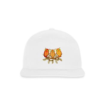 Three colorful owls with pine tree branches - Snapback Baseball Cap - white - Front