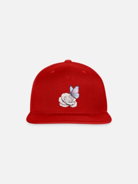 Pastel Butterfly on White Rose - Snapback Baseball Cap - red