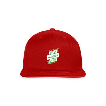 Green Gains Galore Fitness T Shirt - Snapback Baseball Cap - red - Front