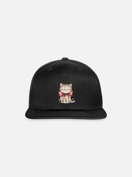 Whiskered Charm Kitten Bow - Snapback Baseball Cap - black