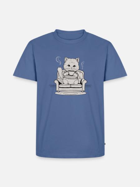 Coffee Cat In Comfy Chair - Men's Premium T-Shirt - stone blue