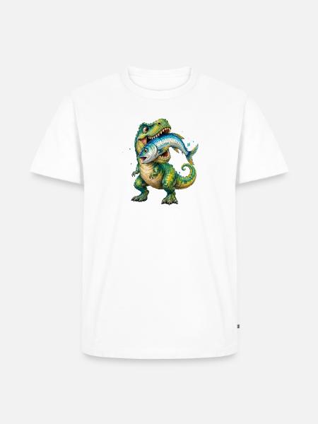Cretaceous Catch: Dino with Fish - Men's Premium T-Shirt - white