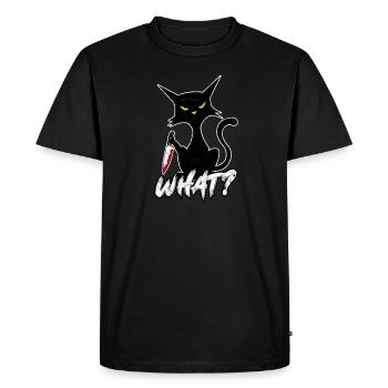 WHAT? Cat with Knife - Dark Humor - Men's Premium T-Shirt - black - Front - Nico (187cm)