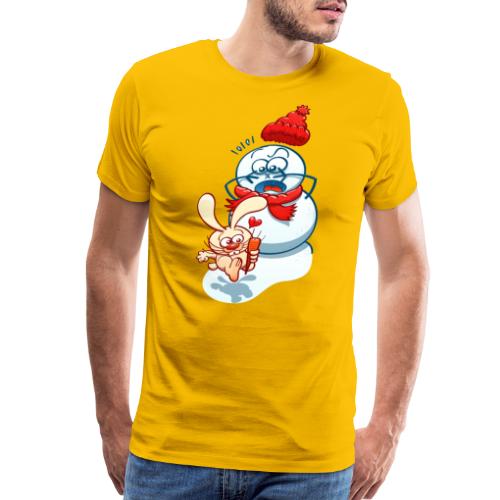 Mischievous bunny stealing the snowman carrot nose - Men's Premium T-Shirt