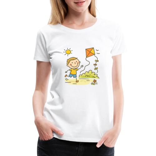 Happy Boy Flying Kite Cartoon T-Shirt - Women's Premium T-Shirt