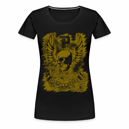 Cool OnePleasure Golden Skull Wings Roses Banner - Women's Premium T-Shirt