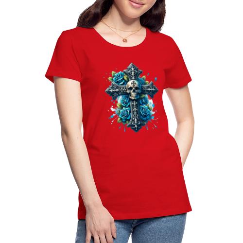 Gothic Collection - Cross, Skull & Blue Roses - Women's Premium T-Shirt