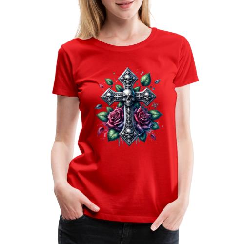 Gothic Collection - Cross, Skulls & Red Roses - Women's Premium T-Shirt