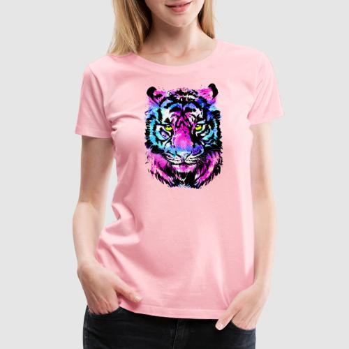 Neon Pink Tiger Head Portrait Drawing - Blue Tiger - Women's Premium T-Shirt