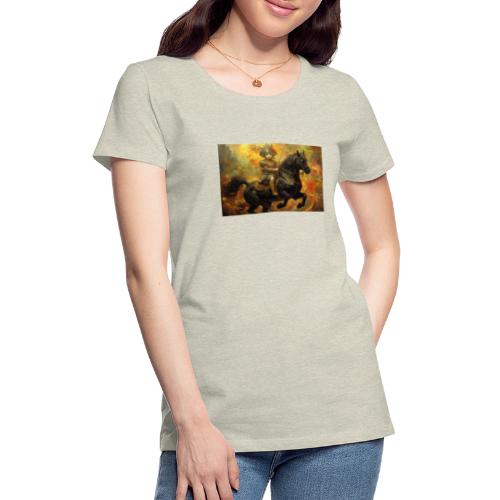 Cat Riding A Black Stallion Fine Art Painting - Women's Premium T-Shirt