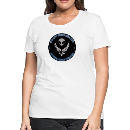 BlackOpsTransBigger1 Front with Mr Grey Back Logo - Women's Premium T-Shirt
