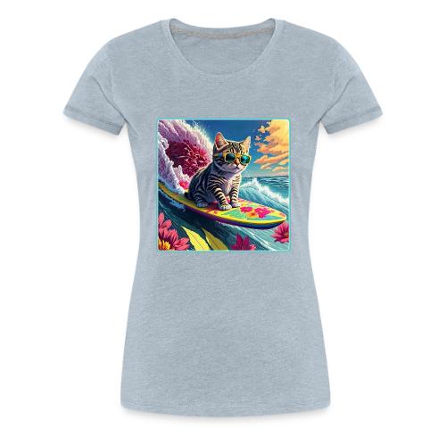 Kitten Surfing A Pink Flower Wave - Women's Premium T-Shirt