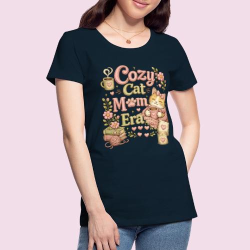 Cozy Cat Mom Era Faux Stitched Design - Women's Premium T-Shirt