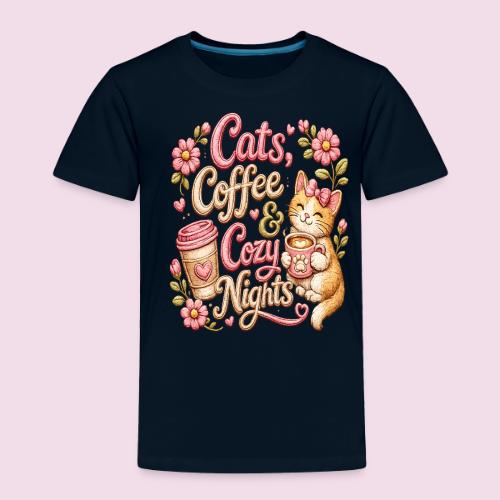 Cats, Coffee & Cozy Nights Faux Stitched Design - Toddler Premium T-Shirt
