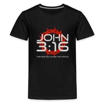 JOHN 3:16 Christian Clothing - Kids' Premium T-Shirt - black - Front - AI Model Teenager Male light (155cm)