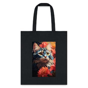 A Blue Cat Sitting In Flowers - Digital Painting - Tote Bag - black - Front