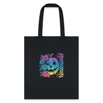 Cute Retro Pumpkin with Flowers and Checkerboard - Tote Bag - black - Front
