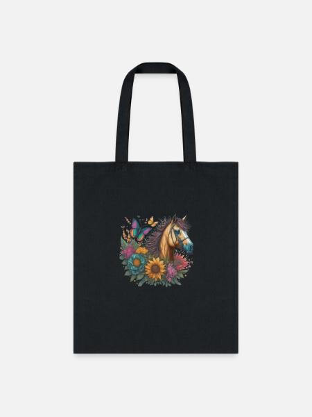 Horse, Butterfly, and Flowers: Graceful Nature-Ins - Tote Bag - black