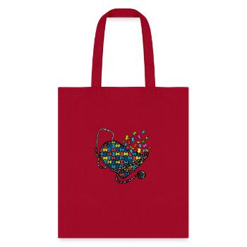 Nurse Autism Puzzle Stethoscope Heart Shirts - Tote Bag - red - Front