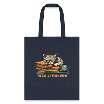 Studying Cat, Cat illustration art - Tote Bag - navy - Front
