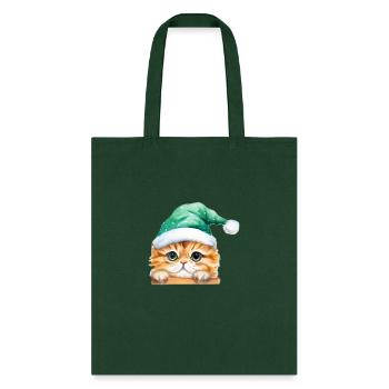 Winter Christmas Kitty in a Green Santa Cat Hat - Tote Bag - forest green - Front