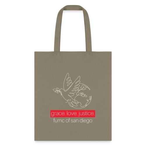 Grace. Love. Justice.- dove and earth graphic - Tote Bag