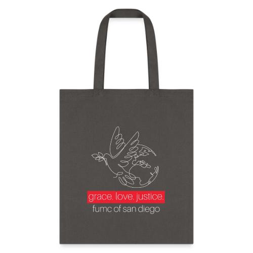Grace. Love. Justice.- dove and earth graphic - Tote Bag