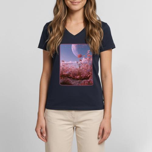 Cosmic Moon & Cosmos Flowers Art - Women's Premium Organic V-Neck T-shirt