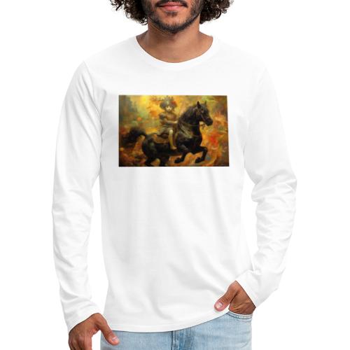 Cat Riding A Black Stallion Fine Art Painting - Men's Premium Long Sleeve T-Shirt