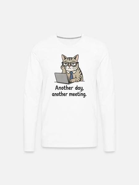 Grumpy Office Cat at Laptop - Men's Premium Long Sleeve T-Shirt - white