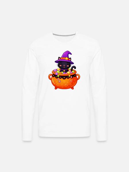 Whiskered Witch in Cauldron - Men's Premium Long Sleeve T-Shirt - white