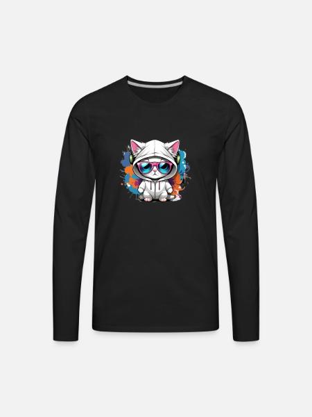 cute cat enjoying music - Men's Premium Long Sleeve T-Shirt - black