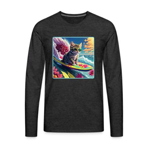 Kitten Surfing A Pink Flower Wave - Men's Premium Long Sleeve T-Shirt