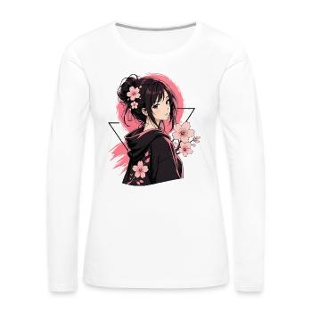 Cherry Blossom Anime Girl T-Shirt  - Women's Premium Slim Fit Long Sleeve T-Shirt - white - Front - Julia (174cm)