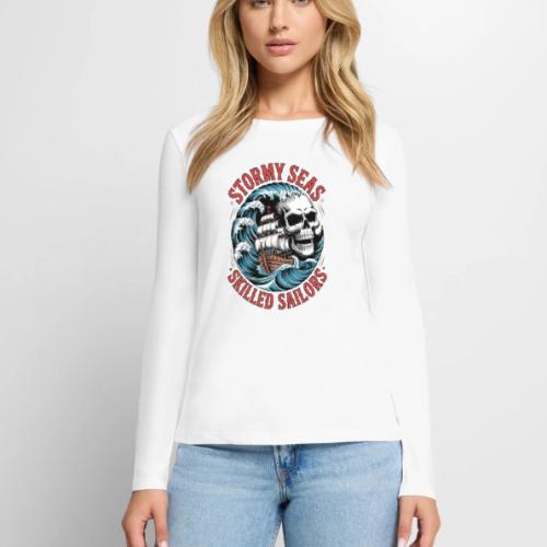 Stormy Seas Skull Pirate Ship Nautical Ocean Waves - Women's Premium Slim Fit Long Sleeve T-Shirt
