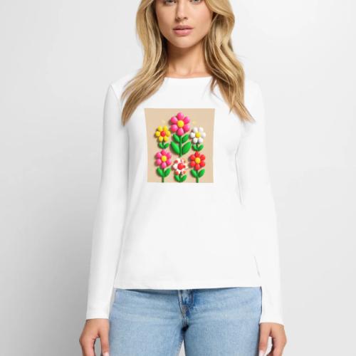 3D Flowers and Butterflies in Amber, Floral Design - Women's Premium Slim Fit Long Sleeve T-Shirt