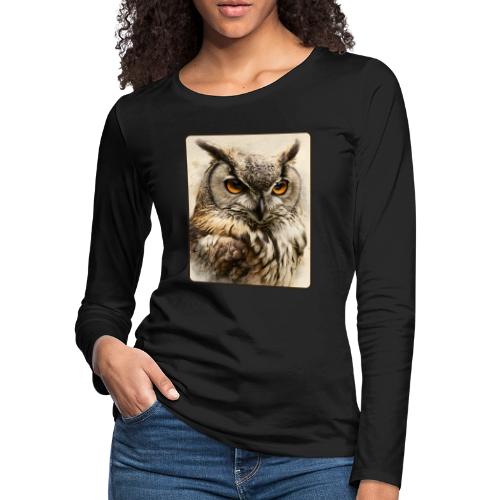 Great Horned Owl Watercolor Design - Women's Premium Slim Fit Long Sleeve T-Shirt